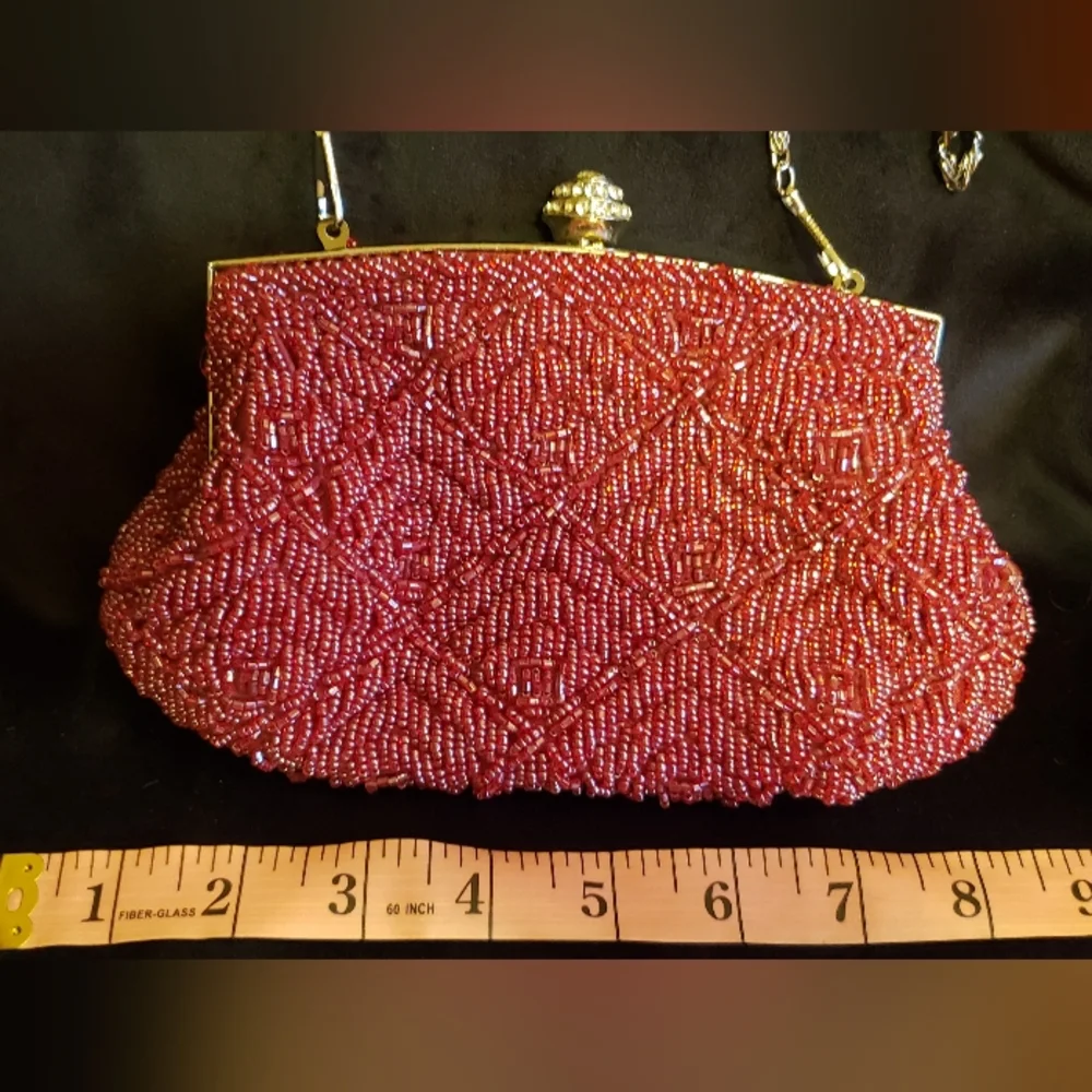 Red Beaded Clutch with Silvertone Chain Strap